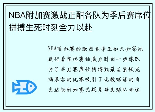 NBA附加赛激战正酣各队为季后赛席位拼搏生死时刻全力以赴