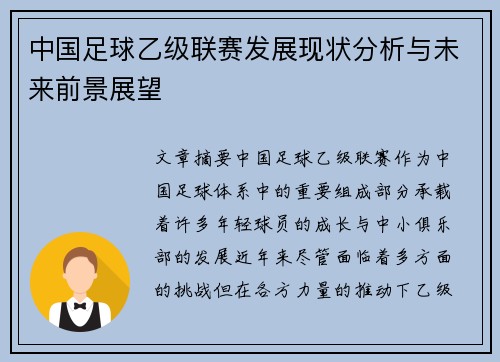中国足球乙级联赛发展现状分析与未来前景展望
