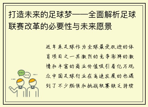 打造未来的足球梦——全面解析足球联赛改革的必要性与未来愿景
