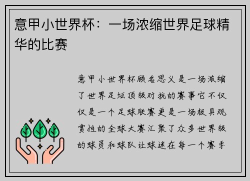意甲小世界杯：一场浓缩世界足球精华的比赛