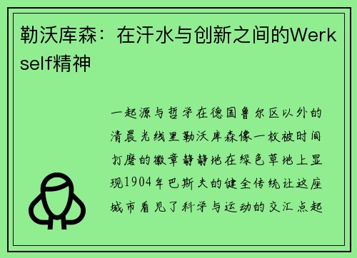 勒沃库森：在汗水与创新之间的Werkself精神